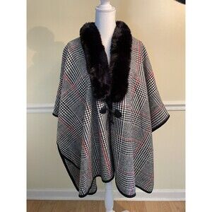 Jones Of NY Women's One Size Houndstooth Wrap Poncho with Black Faux Fur Collar